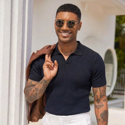 Ribbed Knit Polo Shirt