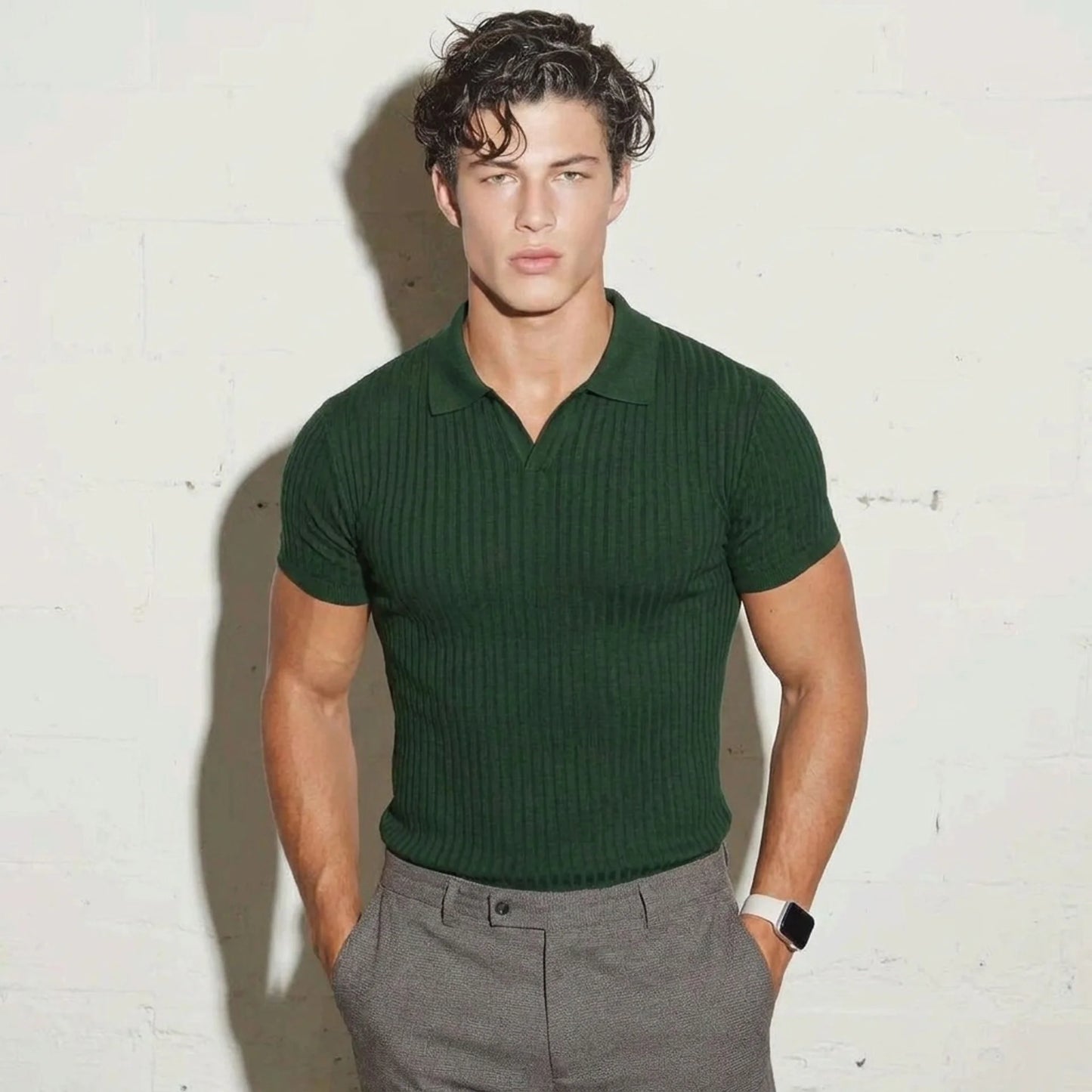 Ribbed Knit Polo Shirt