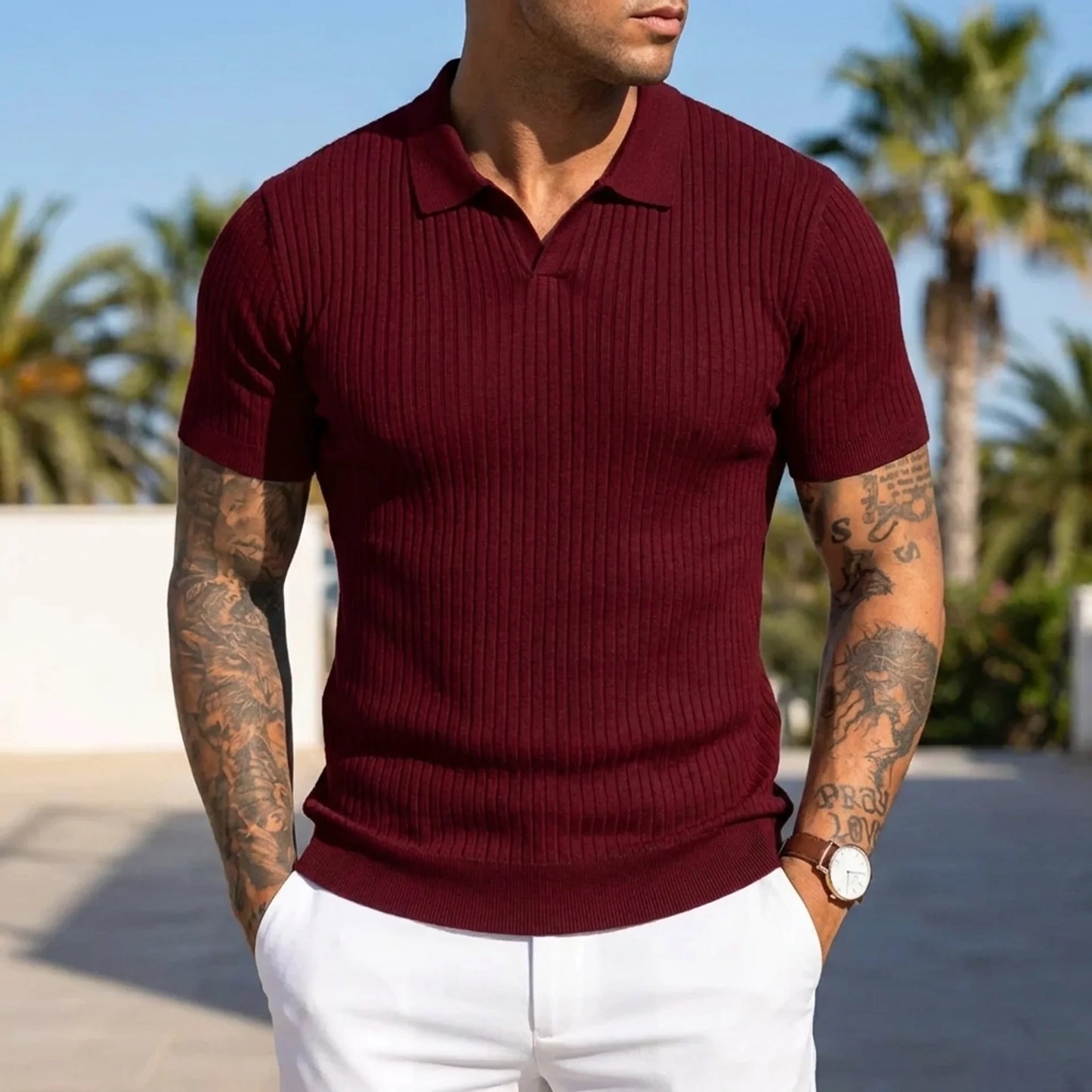 Ribbed Knit Polo Shirt