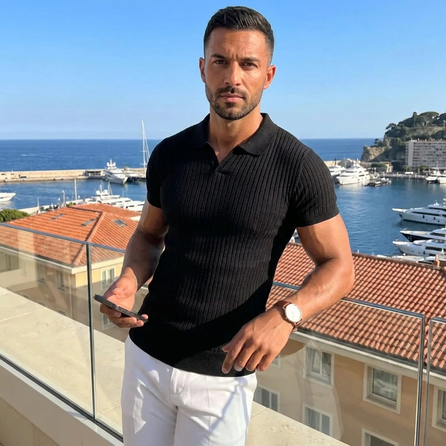 Ribbed Knit Polo Shirt